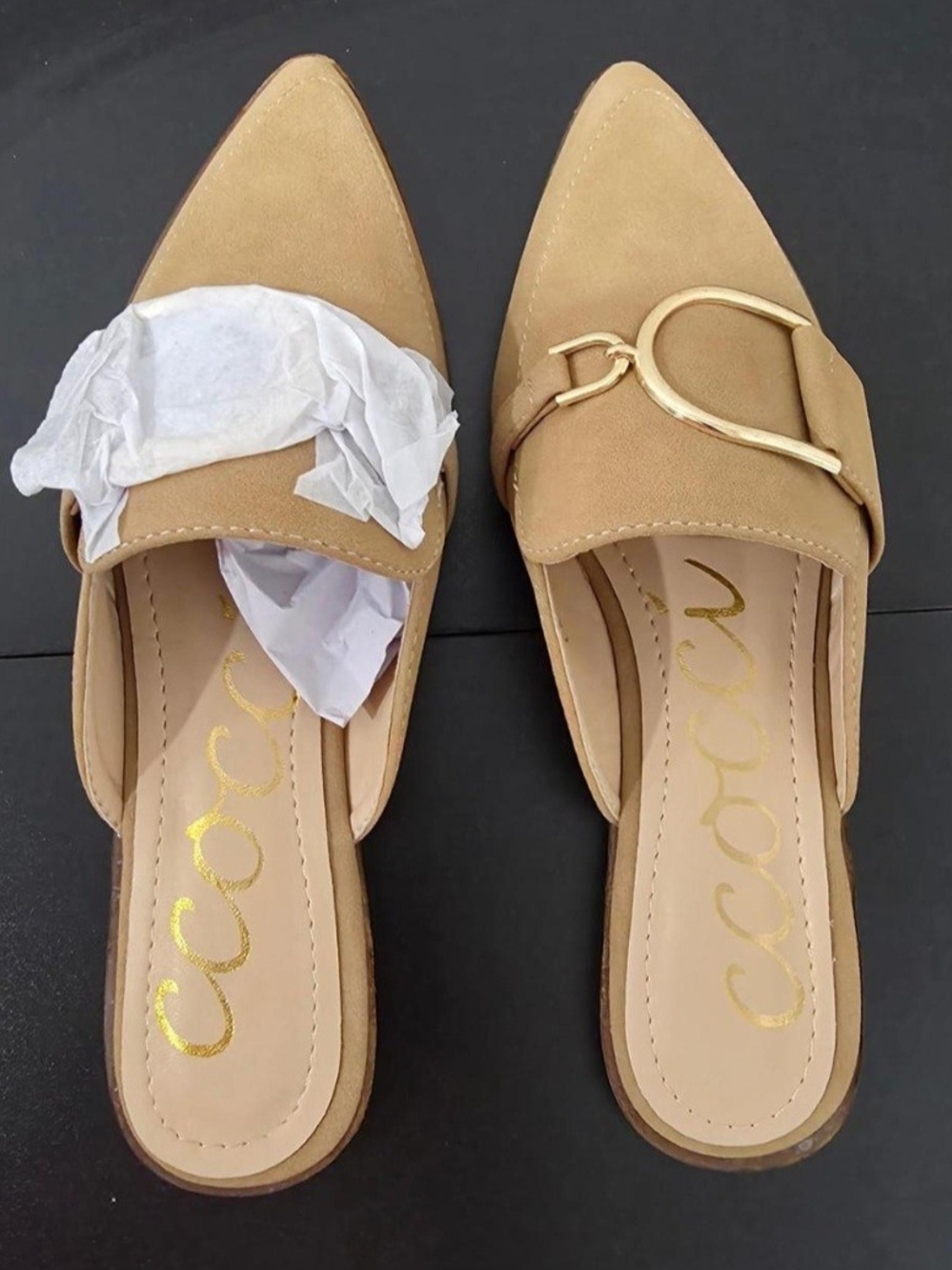 NWOT - Tan Pointed Toe Slip-On Mules with Gold Horsebit
